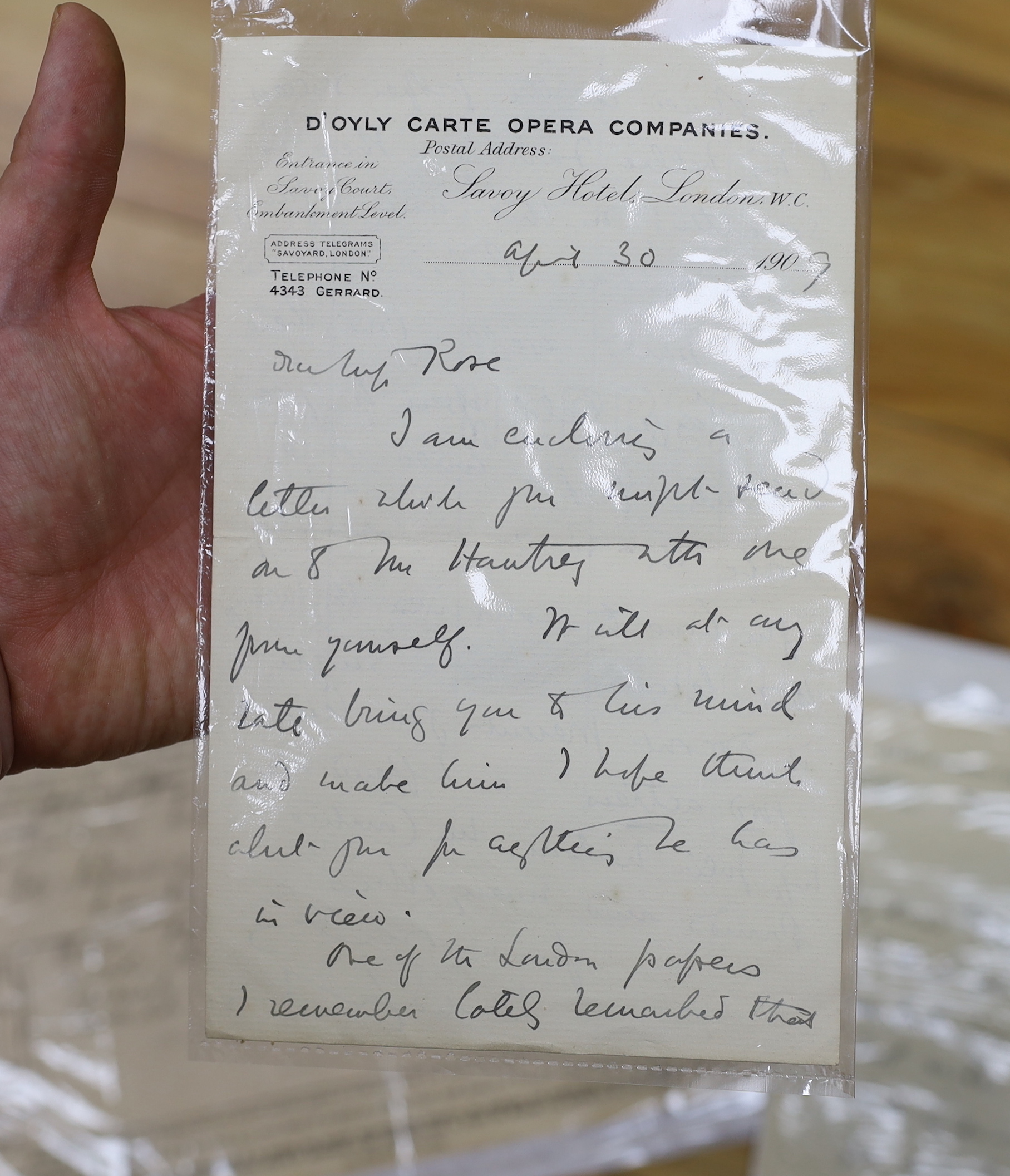 D’Oyly Carte and Gilbert & Sullivan interest; an archive of related paperwork, autographs, photographs, etc. including; a letter from Rupert D’Oyly Carte dated 3.7.25, a letter from Helen D’Oyly Carte dated 30 April 1909